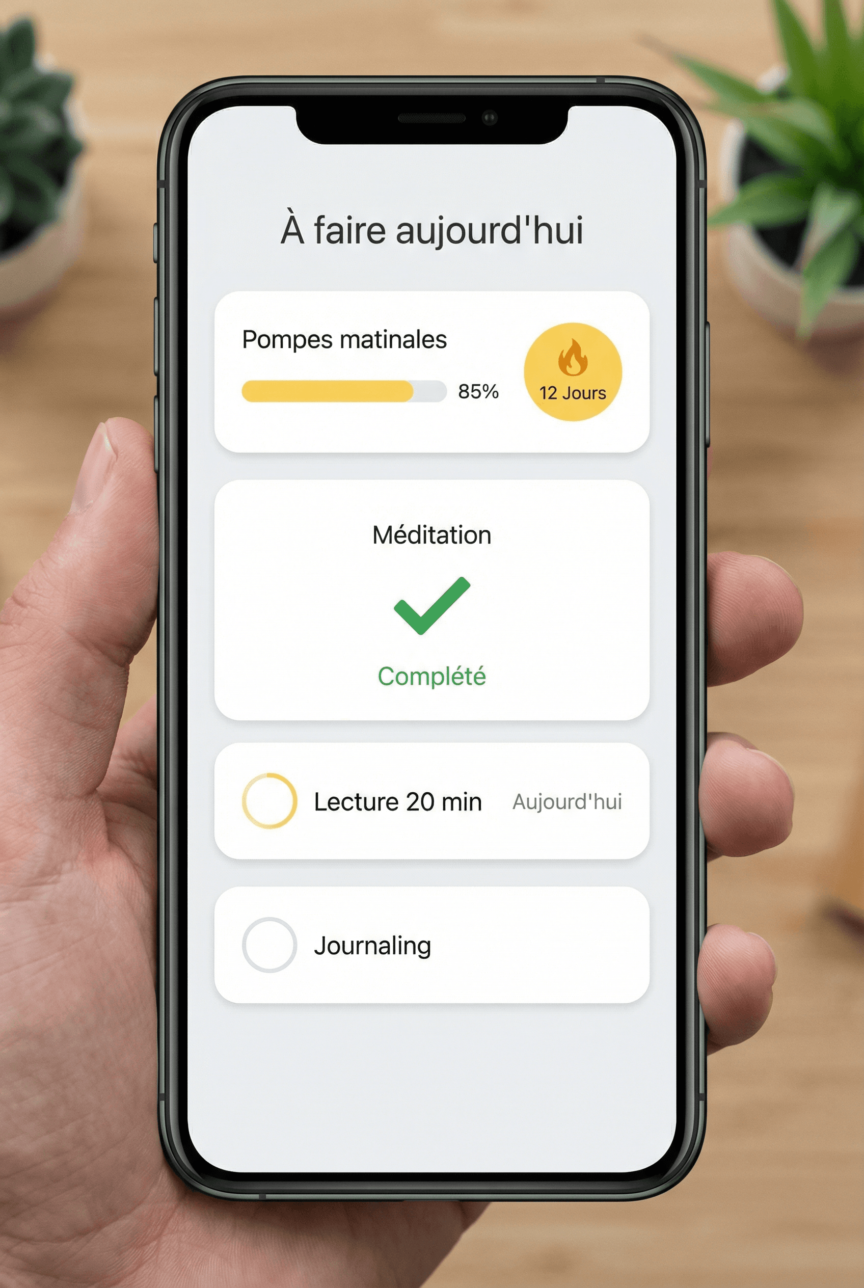 Vue mobile Disciplinator : routines du jour à réaliser (Pompes matinales, Méditation, Lecture, Journaling)